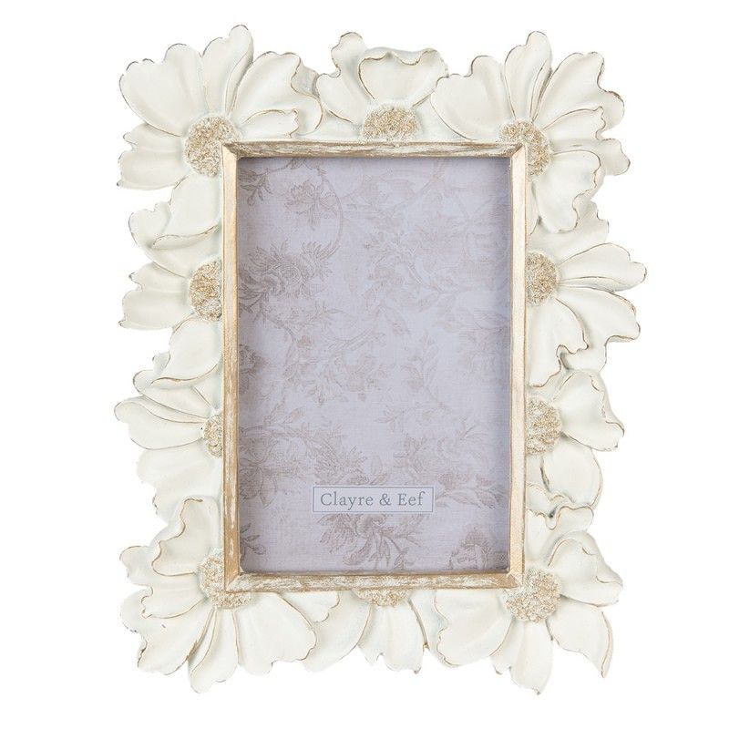 Bílý fotorámeček s patinou a květy - 19*2*23 cm / 10*15 cm Clayre & Eef - LaHome - vintage dekorace