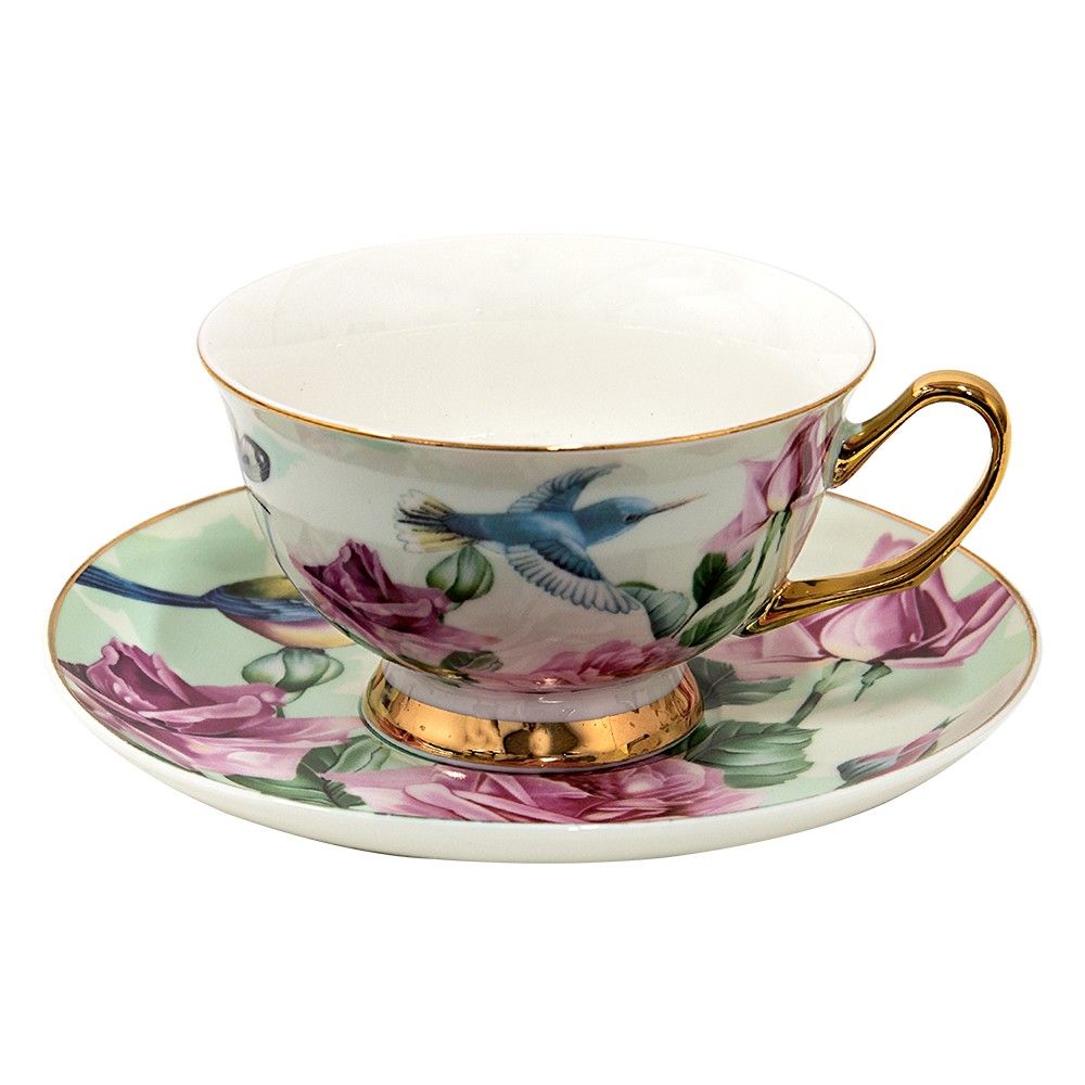 Porcelánový šálek s podšálkem s květy a ptáčky Pié - 12*10*6 cm / Ø 15*2 cm / 200 ml Clayre & Eef - LaHome - vintage dekorace