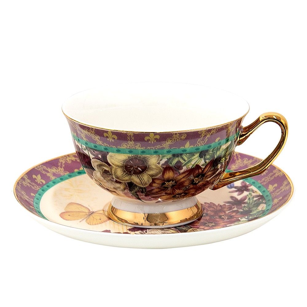 Porcelánový šálek s podšálkem s květy a motýlky - 12*10*6 cm / Ø 15*2 cm / 200 ml Clayre & Eef - LaHome - vintage dekorace