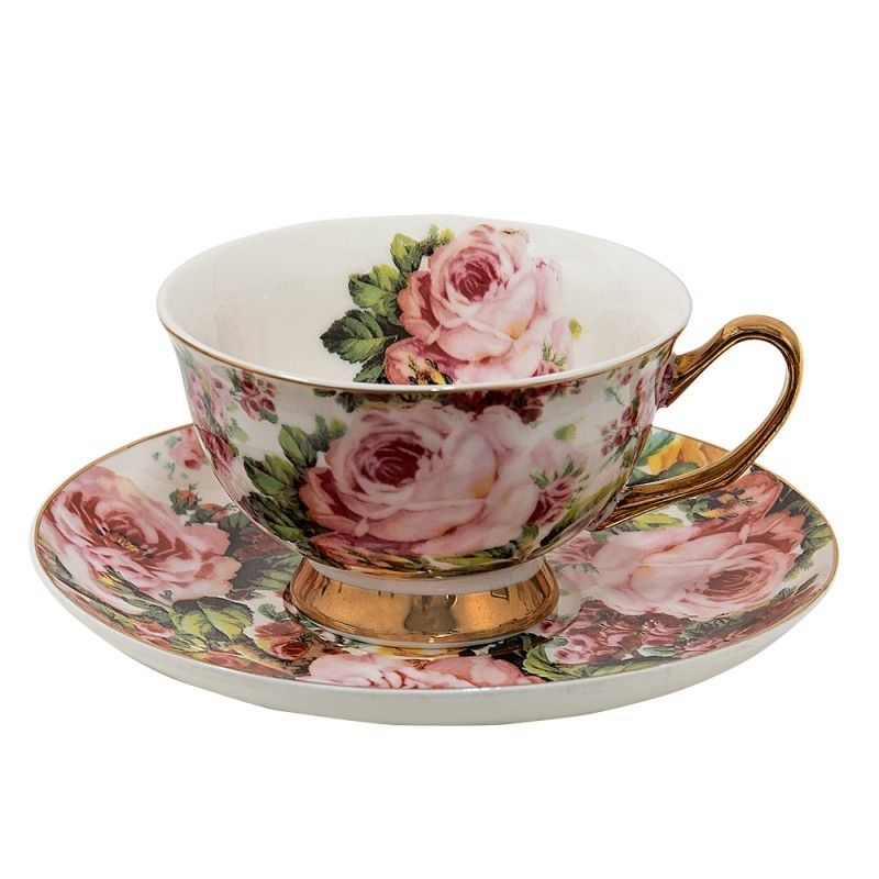Barevný porcelánový šálek s podšálkem Roses - 12*10*6 cm / Ø 15*2 cm / 250 ml Clayre & Eef - LaHome - vintage dekorace