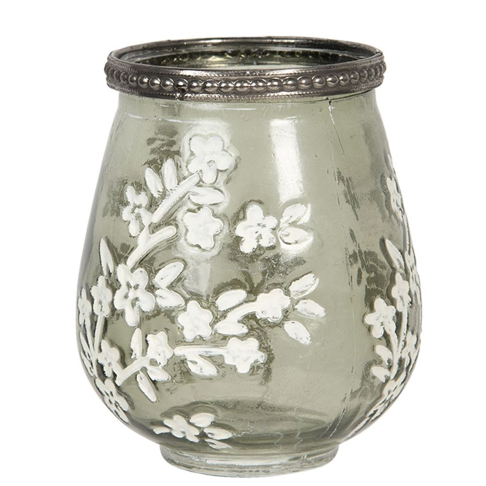 Zelený skleněný svícen s bílými květy  - Ø 9*11 cm Clayre & Eef - LaHome - vintage dekorace