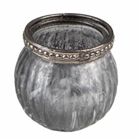 Šedý skleněný svícen na čajovou svíčku se zdobným lemem - Ø6*6 cm Clayre & Eef