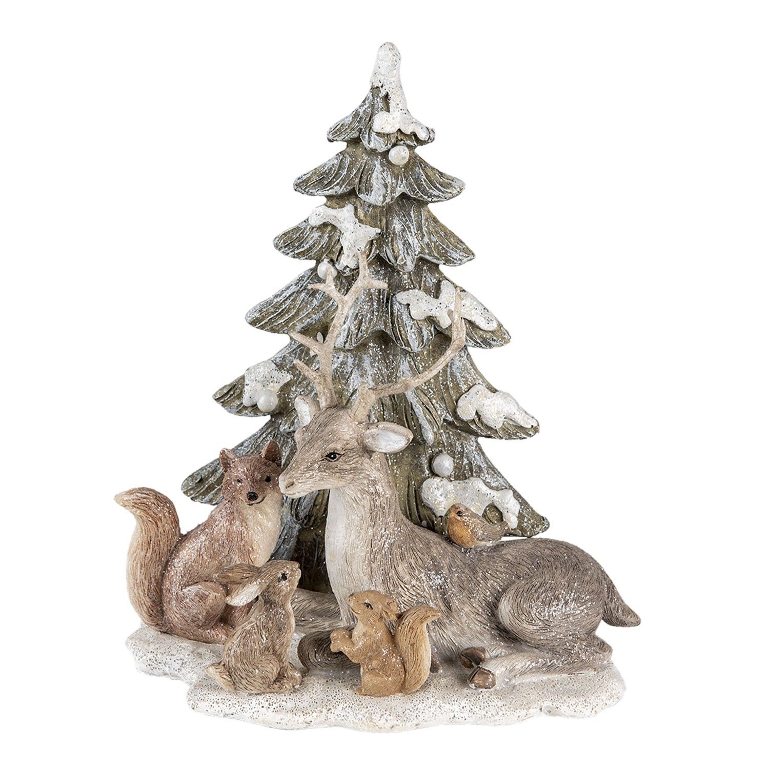 Dekorativní soška zvířátek u zasněženého stromečku - 17*10*20 cm Clayre & Eef - LaHome - vintage dekorace