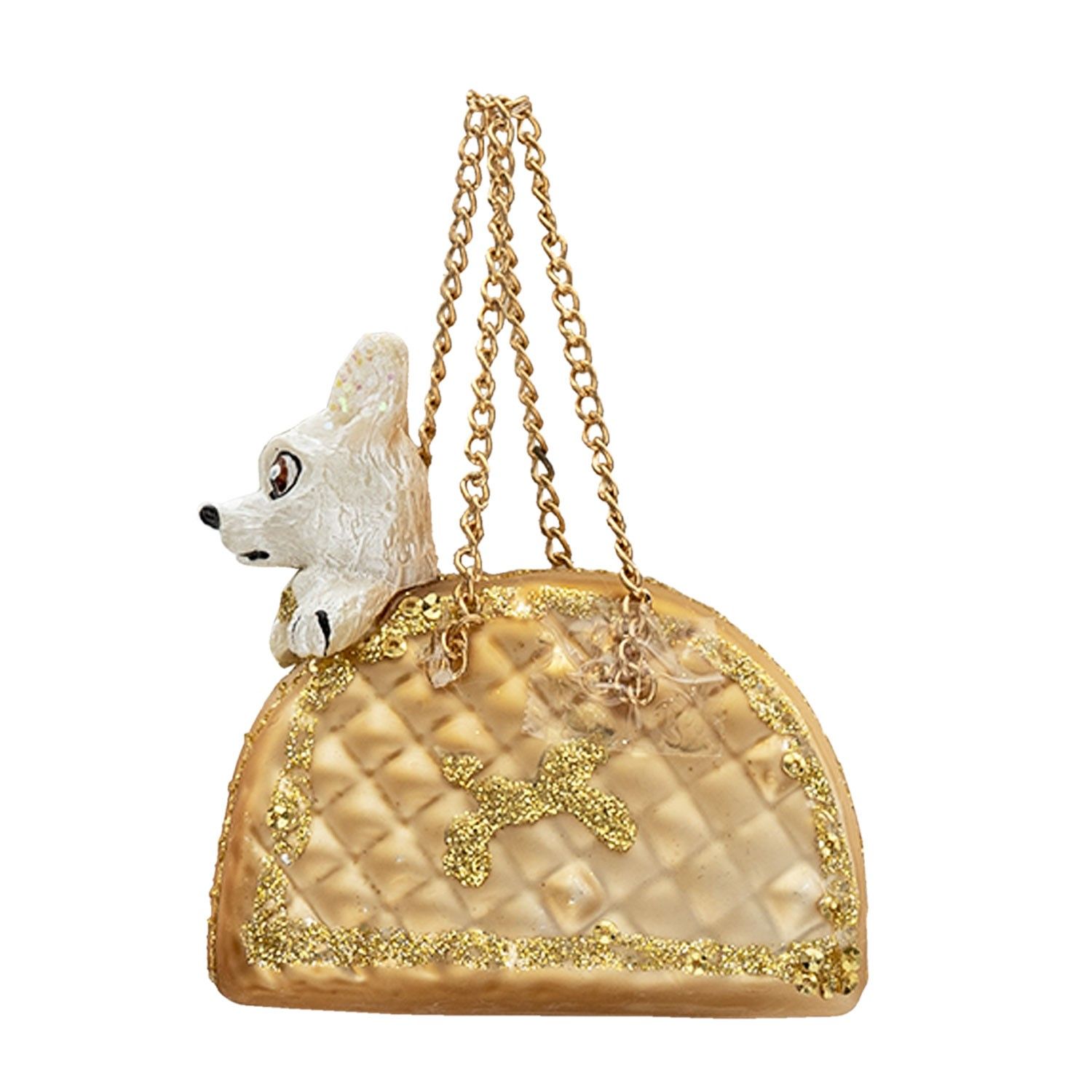 Vánoční ozdoba psík ve zlaté kabelce - 8*4*8 cm Clayre & Eef - LaHome - vintage dekorace