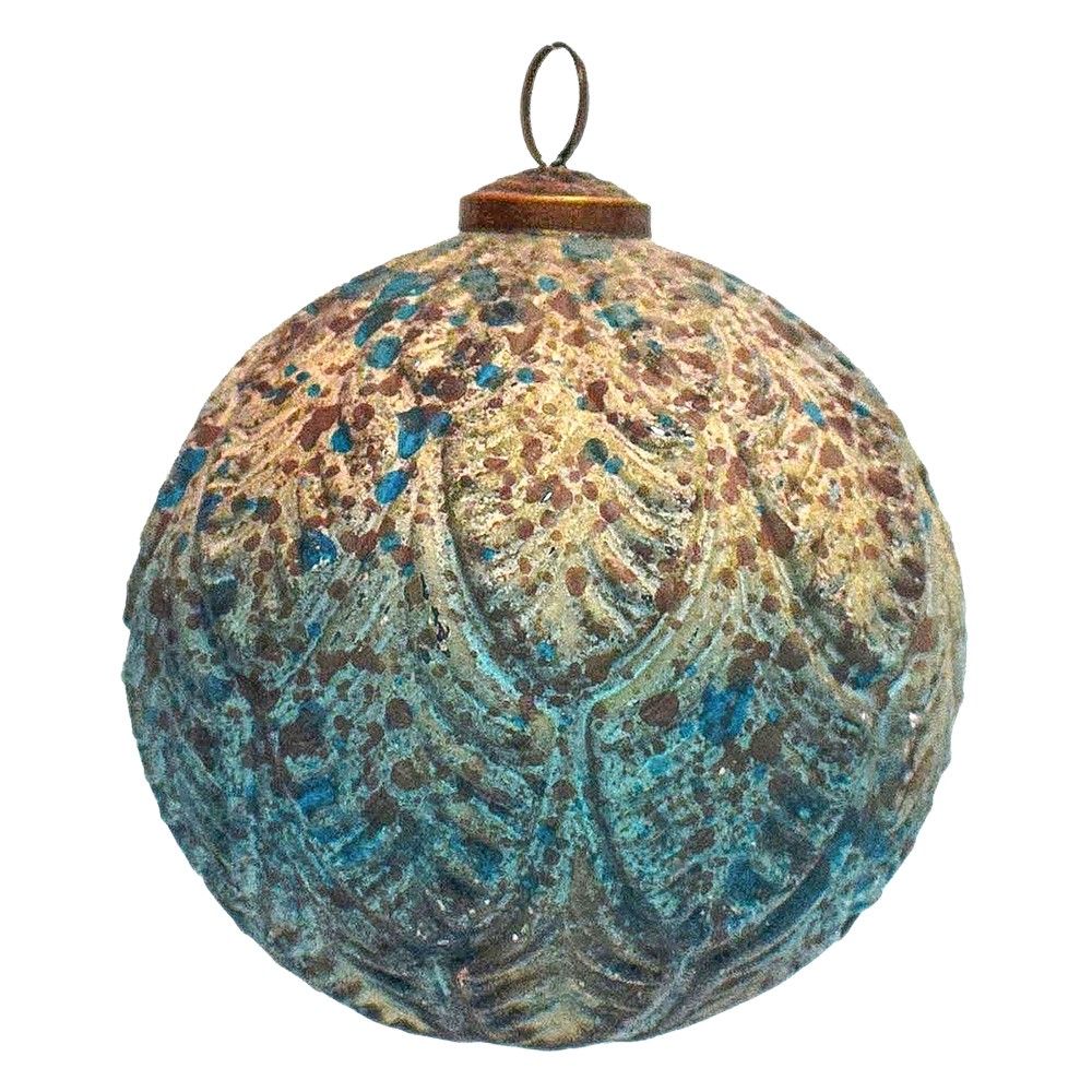 Hnědo-tyrkysová antik vánoční skleněná ozdoba - Ø 12*12 cm Clayre & Eef - LaHome - vintage dekorace