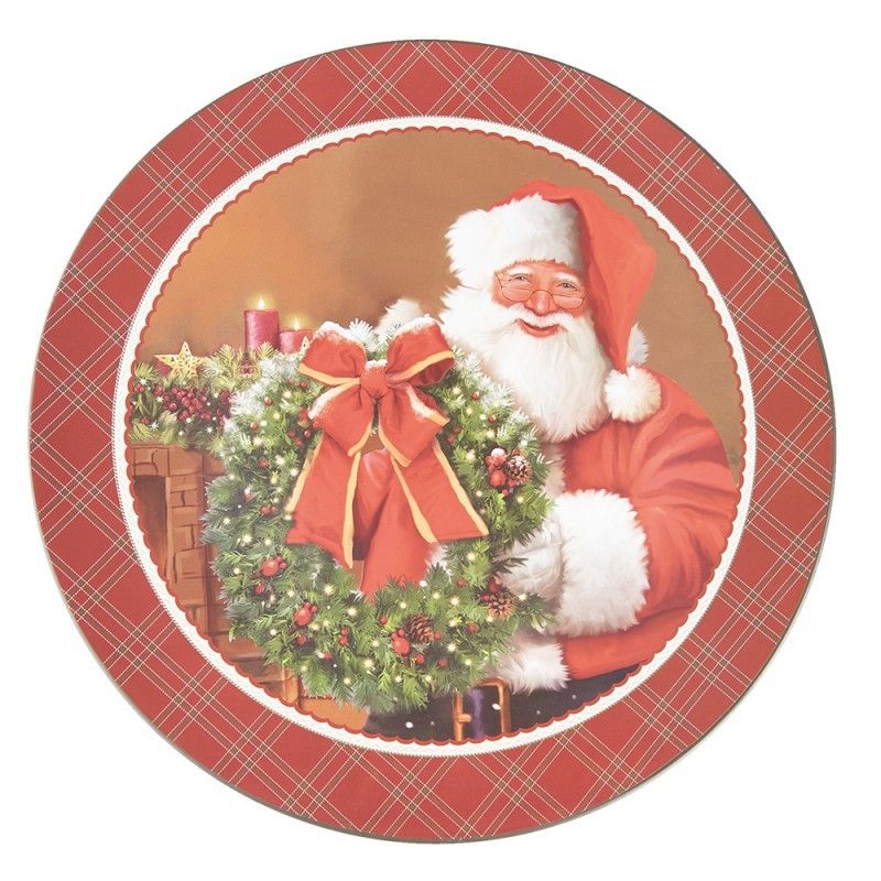 Červený károvaný plastový vánoční kulatý podnos/talíř Santa - Ø 33*1 cm Clayre & Eef - LaHome - vintage dekorace