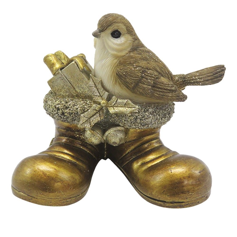 Zlatá antik vánoční dekorace ptáček s dárkem - 10*7*9 cm Clayre & Eef - LaHome - vintage dekorace