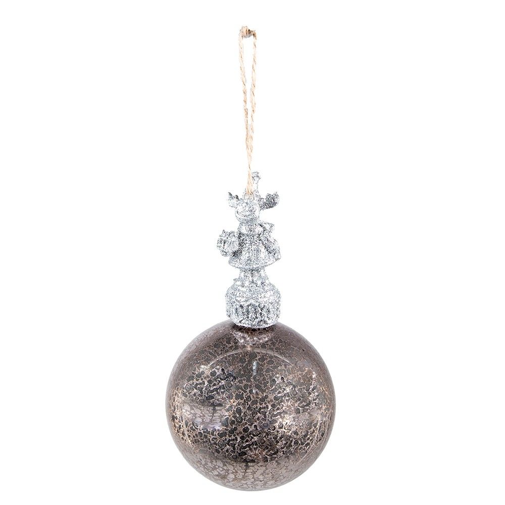 Stříbrná antik skleněná vánoční koule se sobem - Ø 7*14 cm Clayre & Eef - LaHome - vintage dekorace