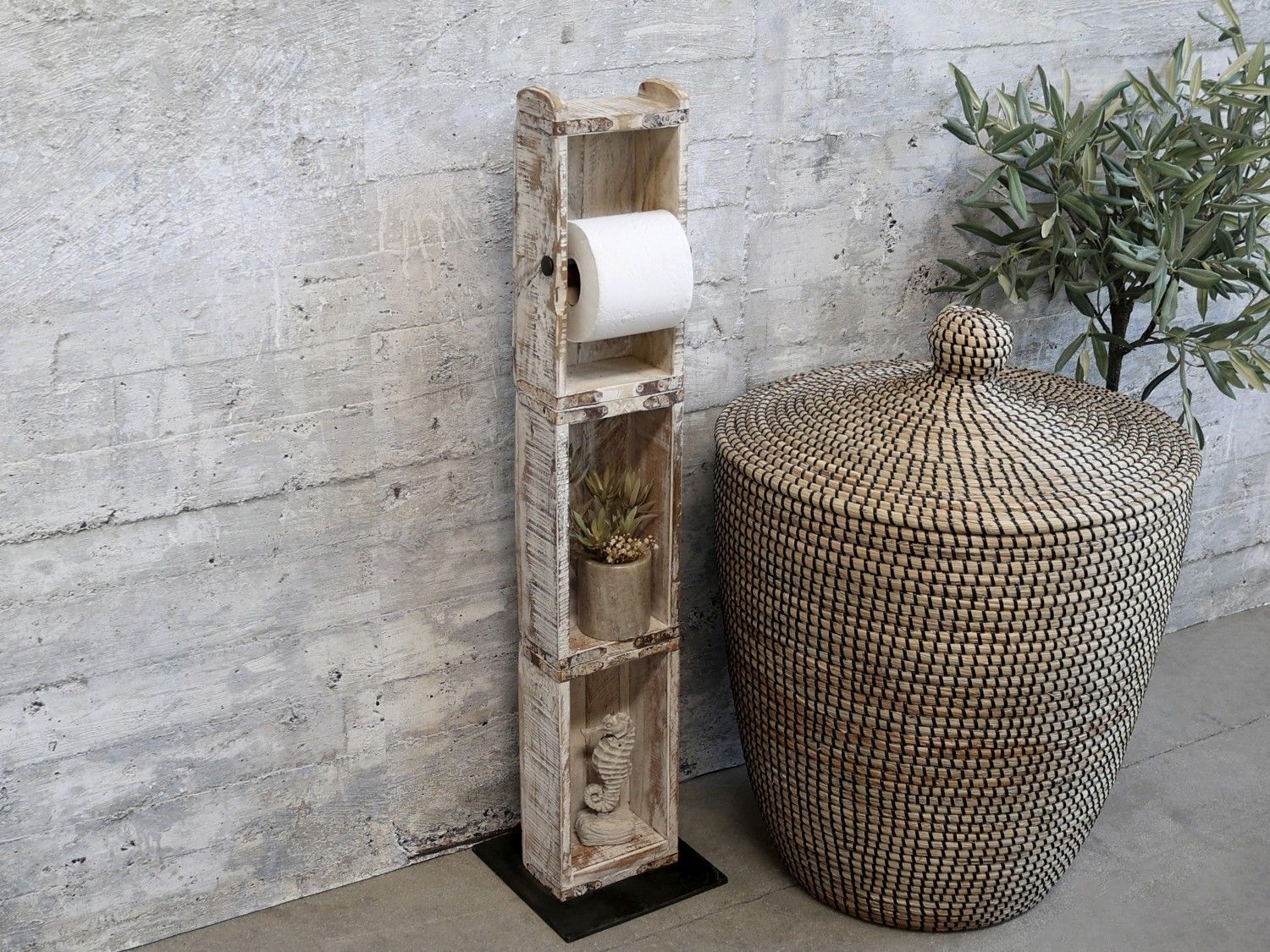Dřevěný bílý antik stojan na toaletní papír Brick Moulds - 14*8*82 cm Chic Antique - LaHome - vintage dekorace