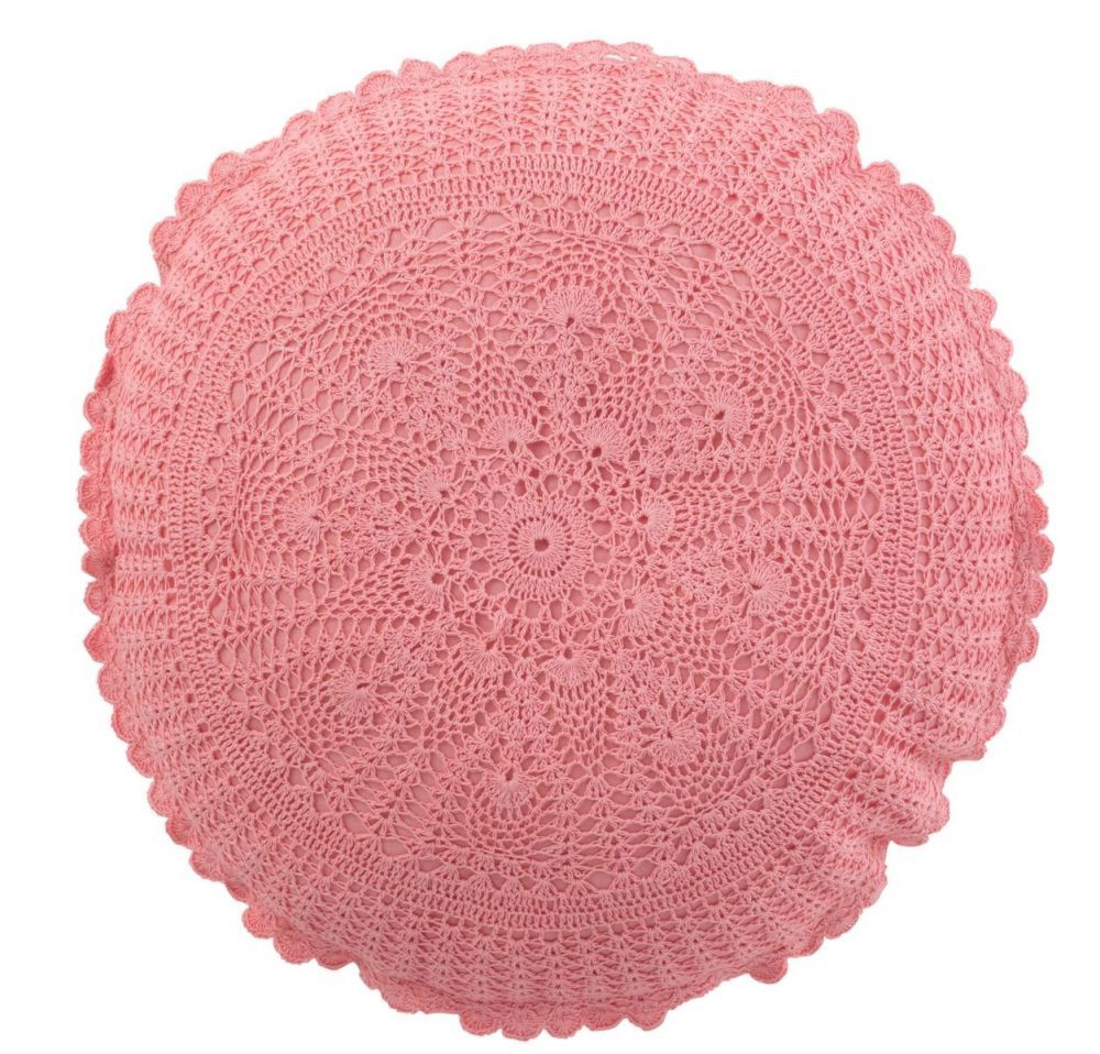 Růžový kulatý bavlněný polštář s krajkou Lace pink - Ø 38*12cm J-Line by Jolipa - LaHome - vintage dekorace
