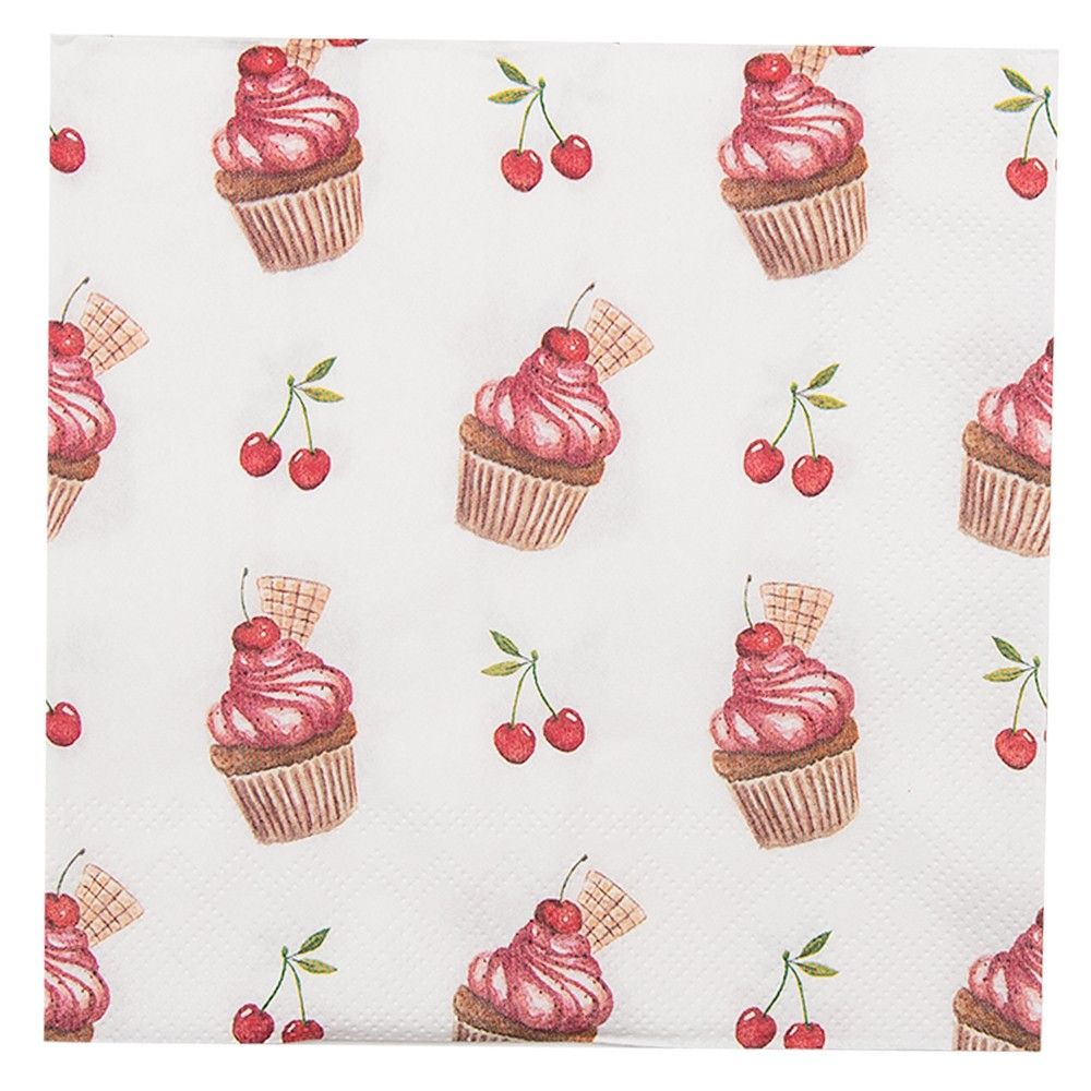 Bílé papírové ubrousky s dortíčky Cherry Cupcake - 33*33 cm (20ks) Clayre & Eef - LaHome - vintage dekorace