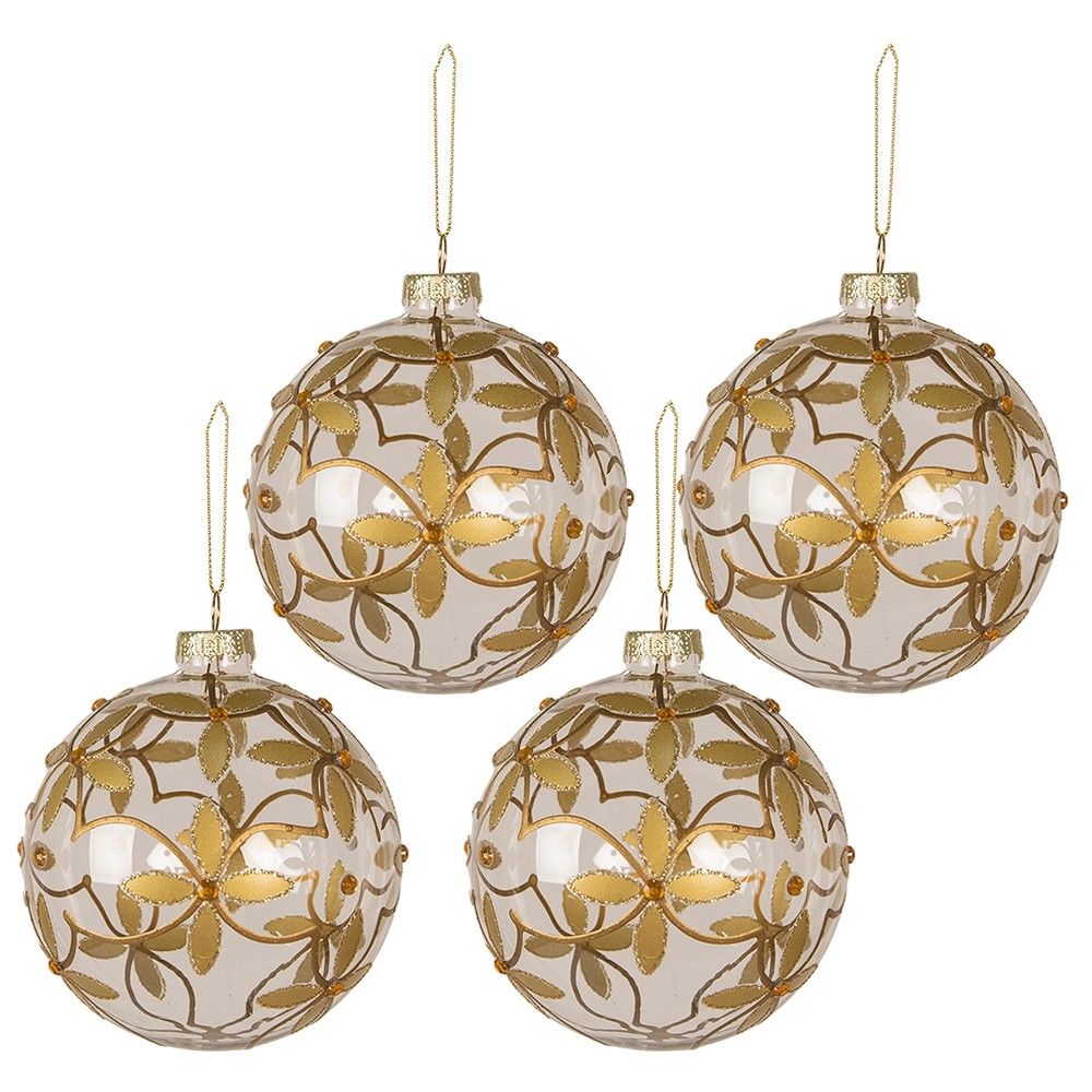 4ks vánoční ozdoba koule se zlatými květy - Ø10 cm  Clayre & Eef - LaHome - vintage dekorace