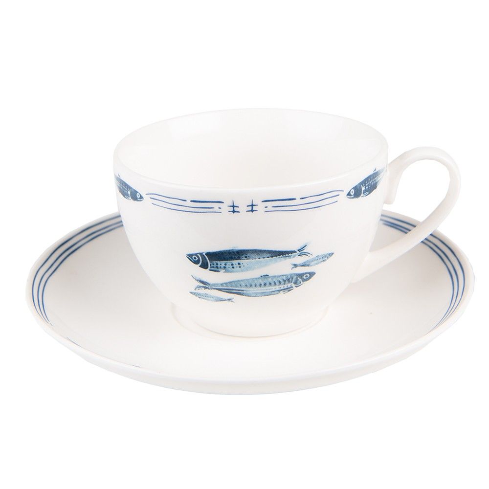 Porcelánový šálek s podšálkem s rybkami  Fish Blue - 12*6*6 cm / Ø 15*2 cm / 250 ml Clayre & Eef - LaHome - vintage dekorace