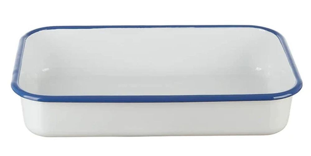 Bílý smaltovaný pekáč s modrou linkou - 31,5*20*6cm / 2.6l Münder Email - LaHome - vintage dekorace