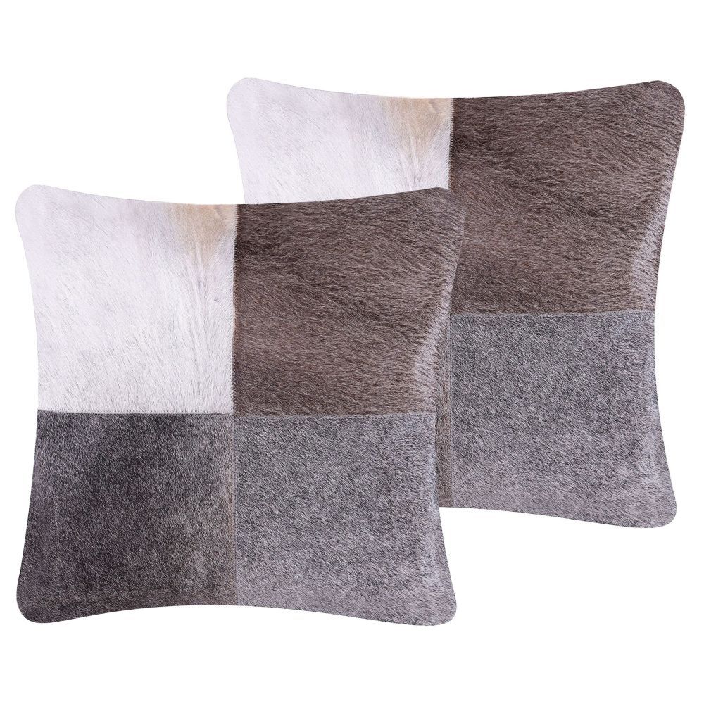 Sada 2 kožených polštářů s patchworkovým vzorem 45 x 45 cm šedé NELLAND - Beliani.cz