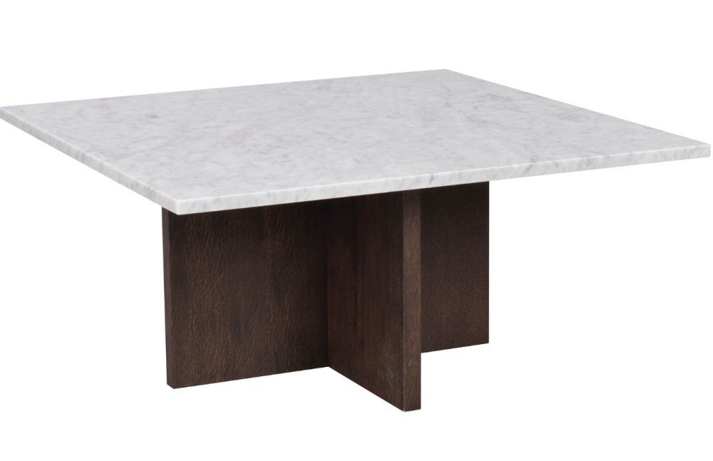 Bílý mramorový konferenční stolek ROWICO BROOKSVILLE 90 x 90 cm s hnědou podnoží - Designovynabytek.cz