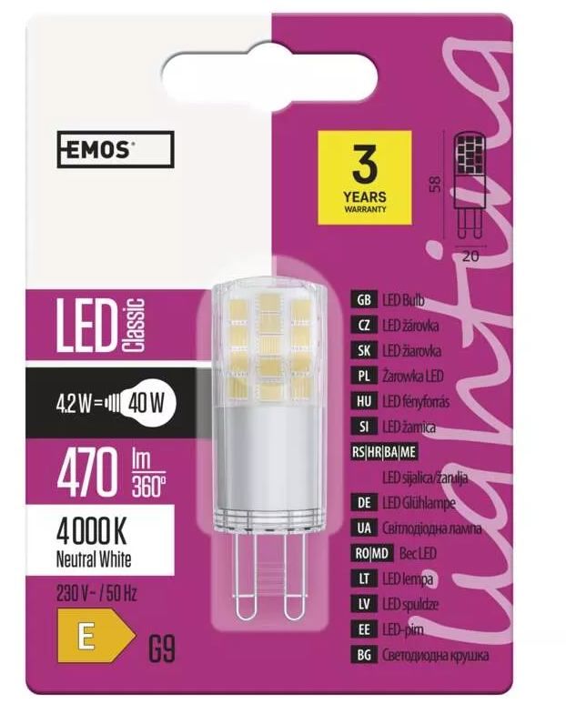 ZQ9543 EMOS LED žárovka Classic G9 4,2W/470lm 4000K - Svítidla FEIM