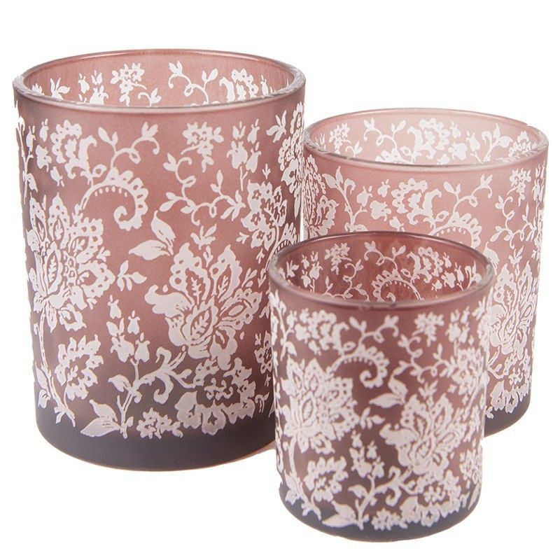 3ks hnědý skleněný svícen na čajovou svíčku s květy - Ø 7*8/ Ø 9*10/ Ø10*12cm Clayre & Eef - LaHome - vintage dekorace