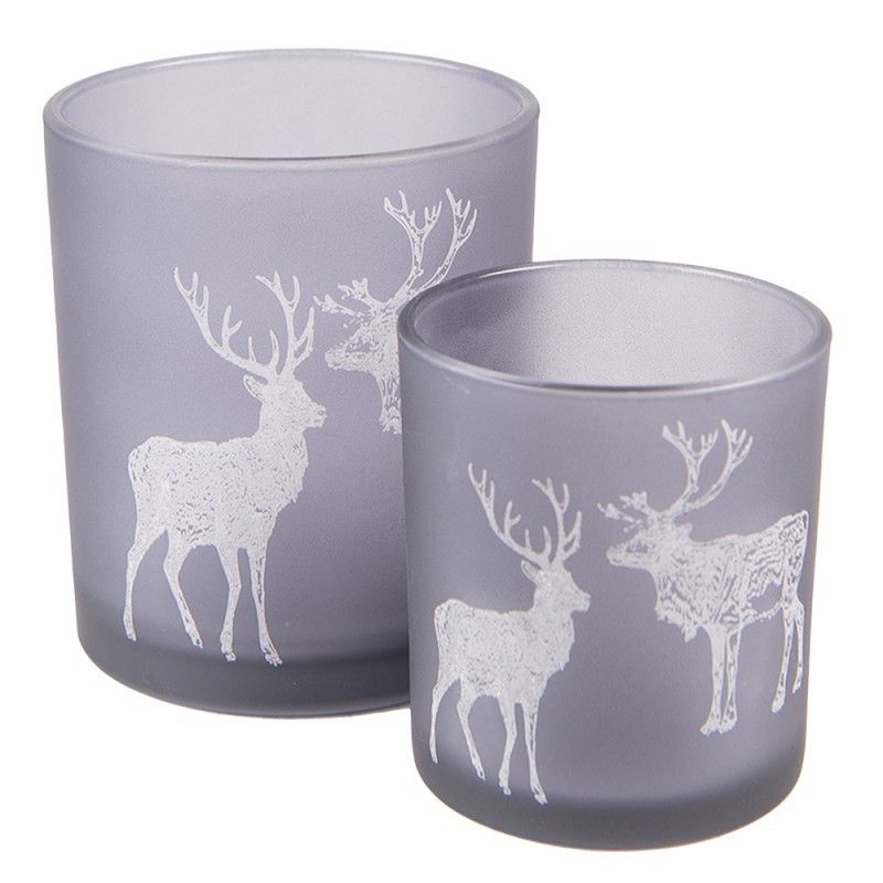 2ks šedý skleněný svícen na čajovou svíčku s jelenem a sobem - Ø 7*8/ Ø 9*10cm Clayre & Eef - LaHome - vintage dekorace