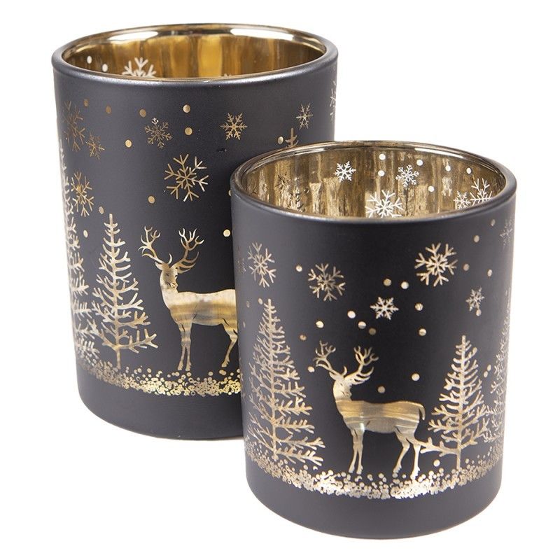 2ks černý skleněný svícen na čajovou svíčku s jelenem a stromky - Ø 9*10/ Ø10*12cm Clayre & Eef - LaHome - vintage dekorace