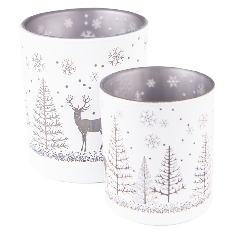 2ks bílý skleněný svícen na čajovou svíčku s jelenem a stromky - Ø 7*8/ Ø 9*10cm Clayre & Eef - LaHome - vintage dekorace