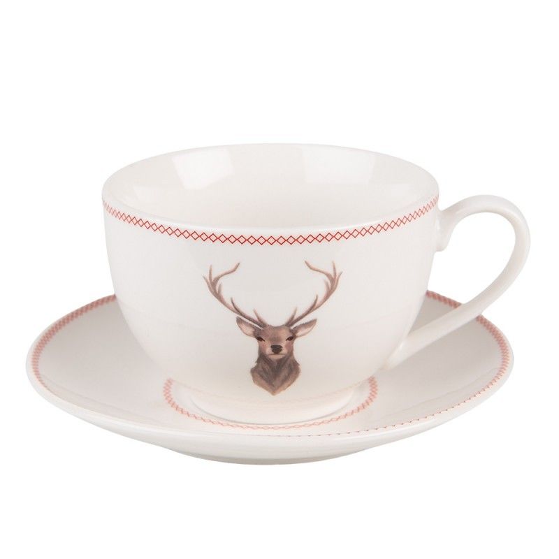 Porcelánový šálek s podšálkem s jelenem Cosy Lodge - 12*9*6 cm / 200 ml Clayre & Eef - LaHome - vintage dekorace