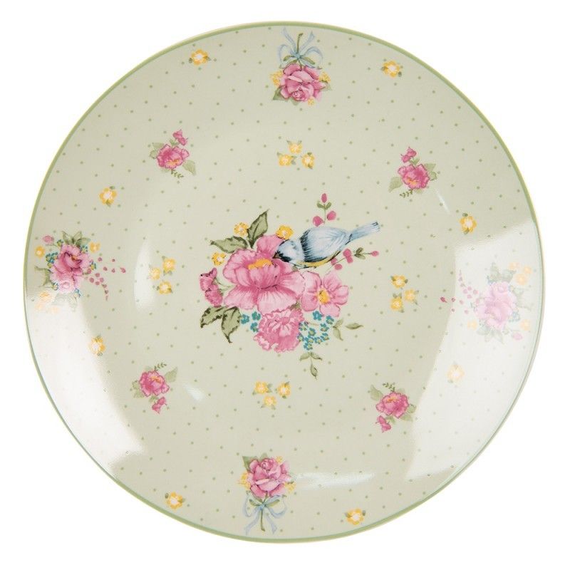 Zelený porcelánový dezetní talíř s květy a ptáčkem Cheerful Birdie - Ø 20 cm Clayre & Eef - LaHome - vintage dekorace
