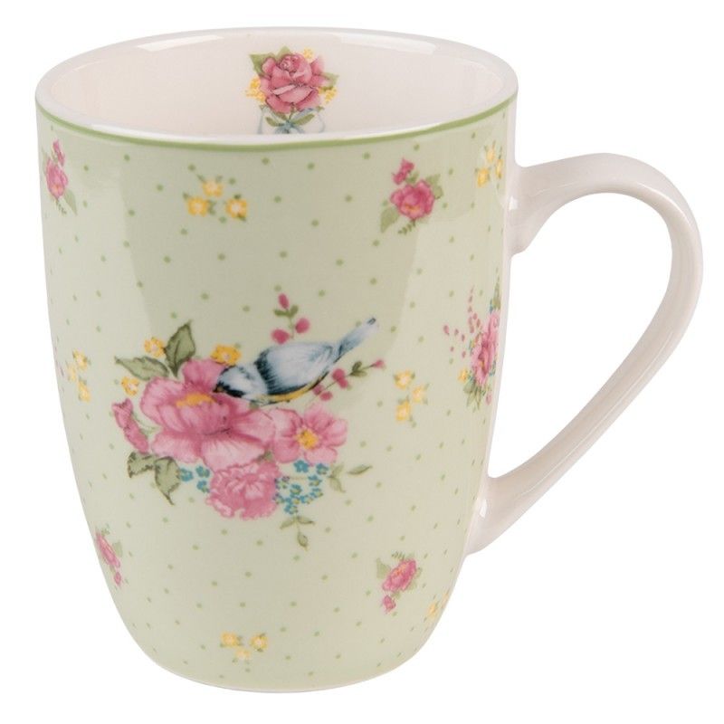 Zelený porcelánový hrnek s květy a ptáčkem Cheerful Birdie - 12*8*10cm/ 300ml Clayre & Eef - LaHome - vintage dekorace