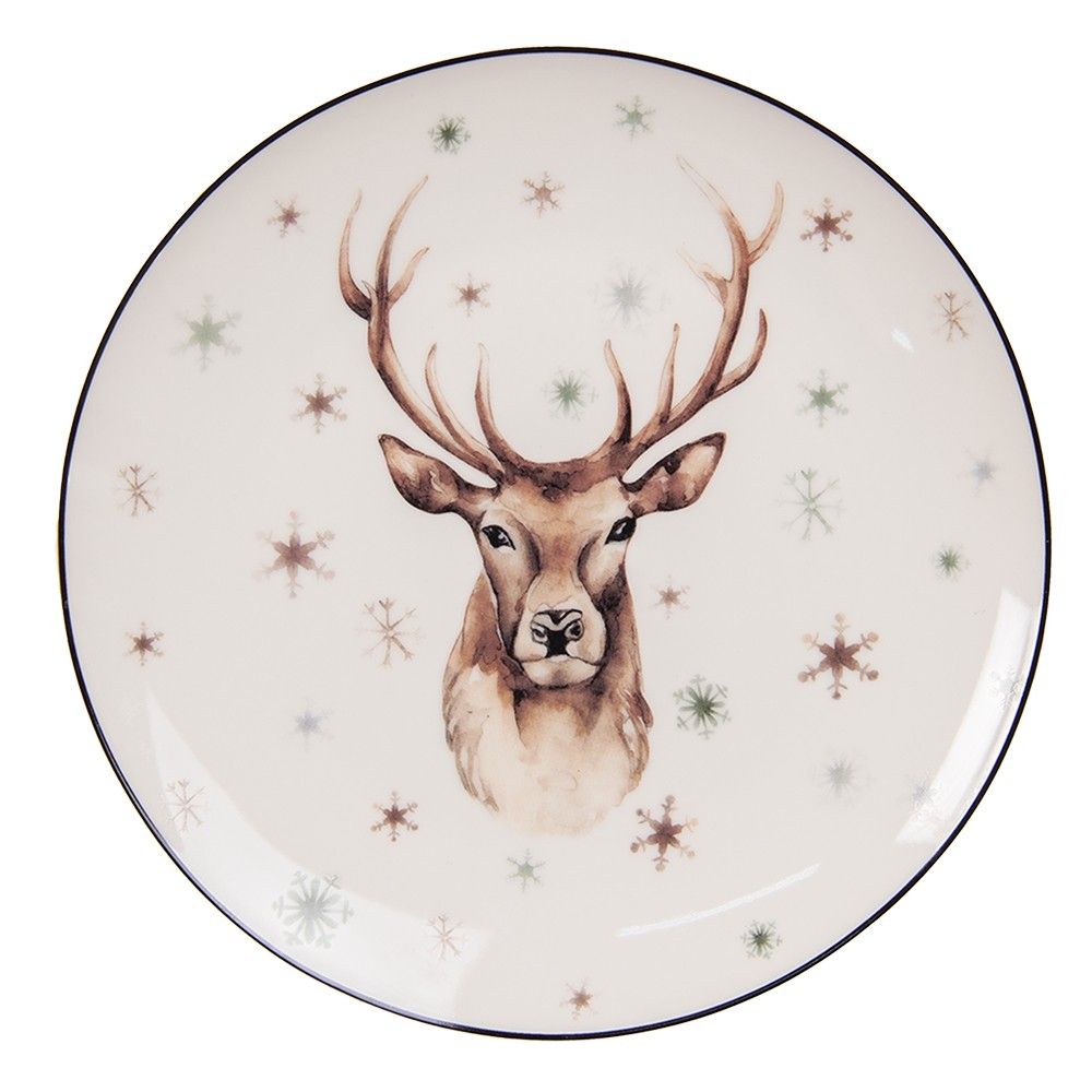 Dezertní porcelánový zimní talířek s jelenem Reindeer - Ø 21*2 cm Clayre & Eef - LaHome - vintage dekorace