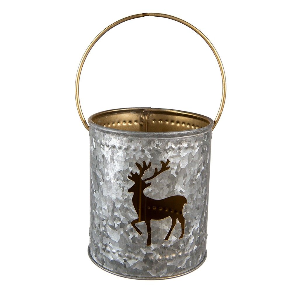 Šedý  plechový svícen na čajovou svíčku s jelenem a držadlem - Ø 9*10 cm Clayre & Eef - LaHome - vintage dekorace