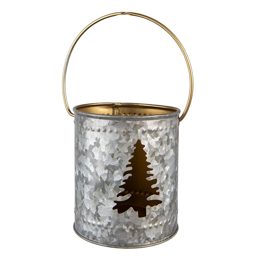 Šedý  plechový svícen na čajovou svíčku se stromkem a držadlem - Ø  9*10 cm Clayre & Eef - LaHome - vintage dekorace