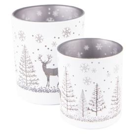 2ks bílý skleněný svícen na čajovou svíčku s jelenem a stromky - Ø 7*8/ Ø 9*10cm Clayre & Eef