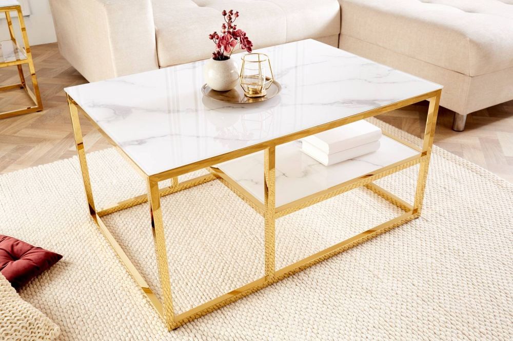 LuxD Designový konferenční stolek Latrisha 90 cm bílo-zlatý - vzor mramor - Estilofina-nabytek.cz