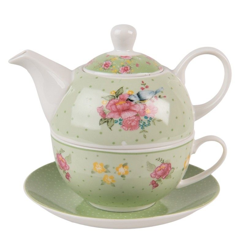Zelený porcelánový Tea for One s květy a ptáčkem Cheerful Birdie - 16*15*14cm/ 460ml Clayre & Eef - LaHome - vintage dekorace