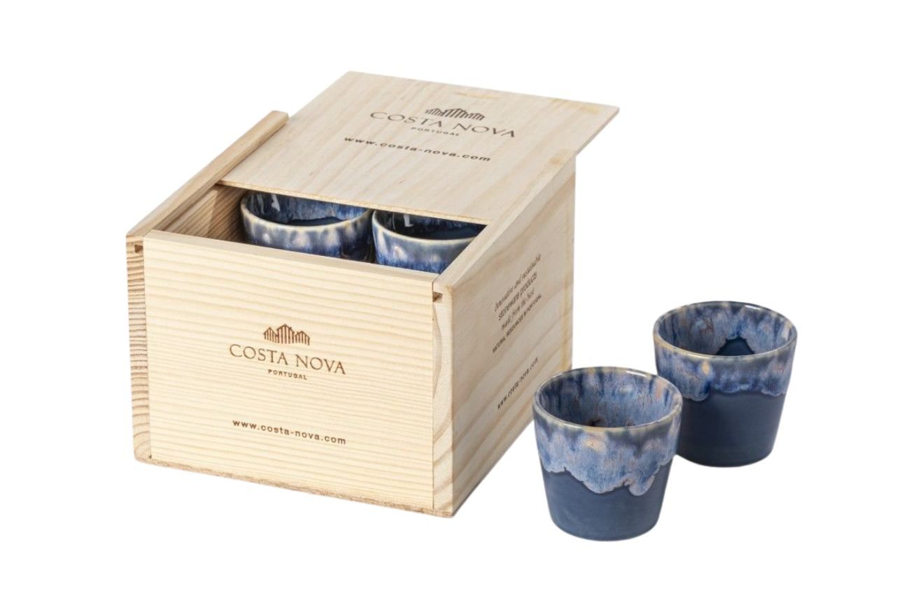 Dřevěný box s 8 modrými šálky na lungo COSTA NOVA GRESPRESSO 0,21 l - Designovynabytek.cz