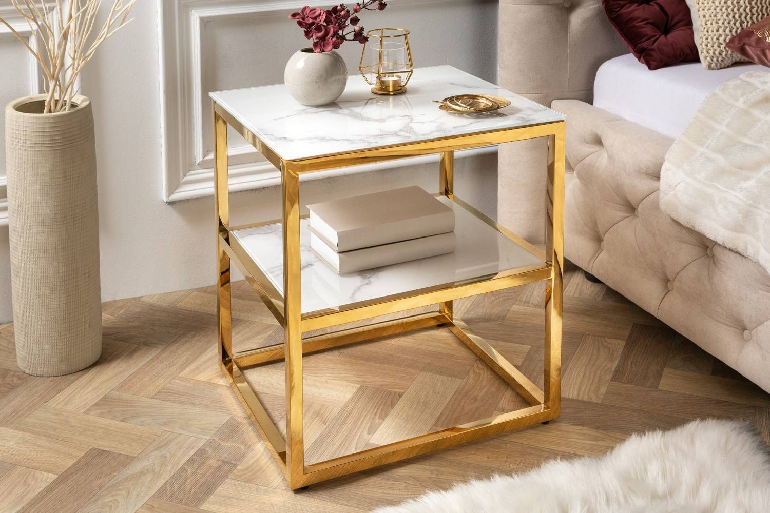 LuxD Designový odkládací stolek Latrisha 45 cm bílo-zlatý - vzor mramor - Estilofina-nabytek.cz