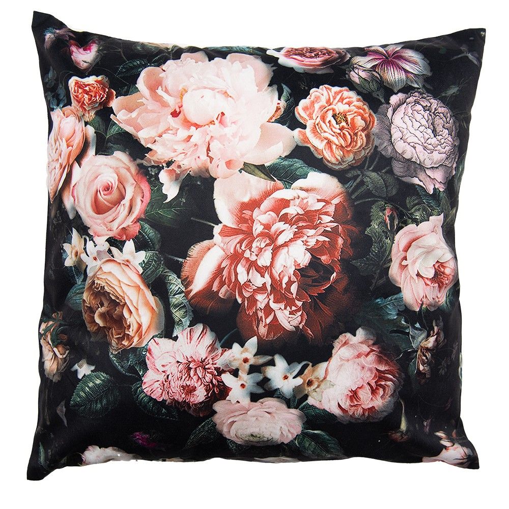 Černý sametový povlak na polštář s výraznými růžovými květy I - 45*45 cm Clayre & Eef - LaHome - vintage dekorace