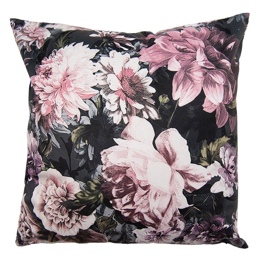 Černý sametový povlak na polštář s výraznými růžovými květy - 45*45 cm Clayre & Eef - LaHome - vintage dekorace