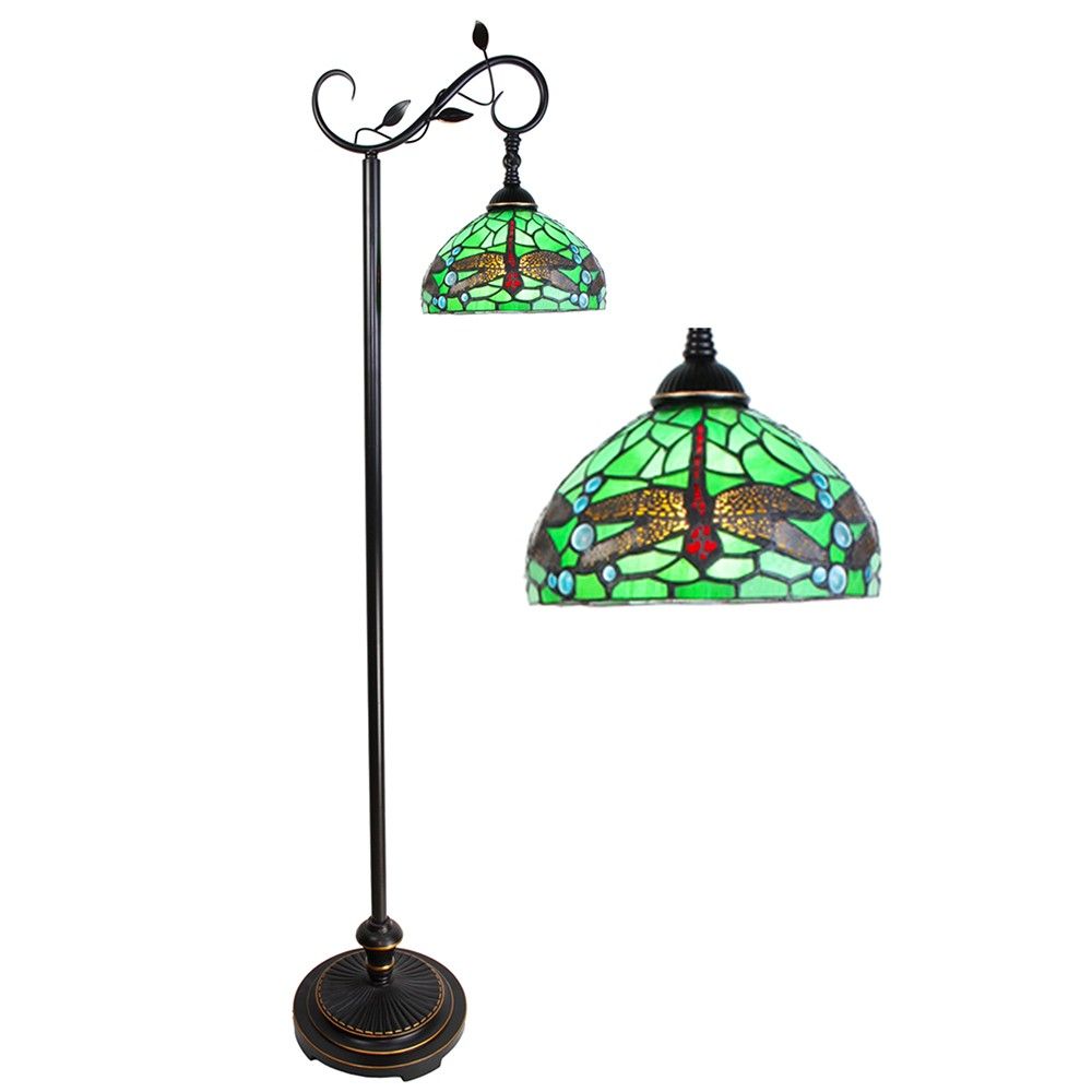 Zelená stojací Tiffany lampa s vážkami Dragonfly  - 36*25*152 cm E27/max 1*60W Clayre & Eef - LaHome - vintage dekorace