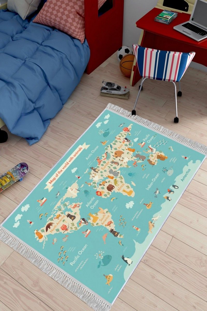 Conceptum Hypnose Dětský koberec Mapa zvířecího světa 80x150 cm modrý - Houseland.cz