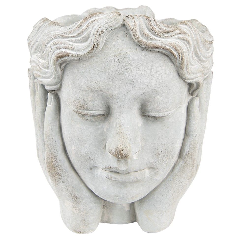 Šedý cementový květináč hlava dívky v dlaních M - 18*18*20 cm Clayre & Eef - LaHome - vintage dekorace