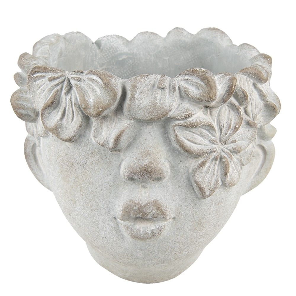 Šedý nástěnný květináč v designu hlavy s květinovým věncem Tete - 12*9*10 cm Clayre & Eef - LaHome - vintage dekorace