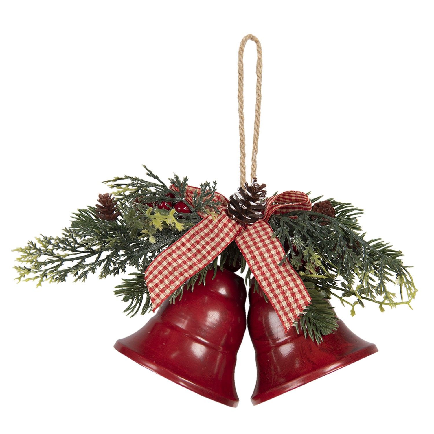 Vánoční dekorace červené zvonky s větvičkou a mašlí - 17*9*12 cm Clayre & Eef - LaHome - vintage dekorace