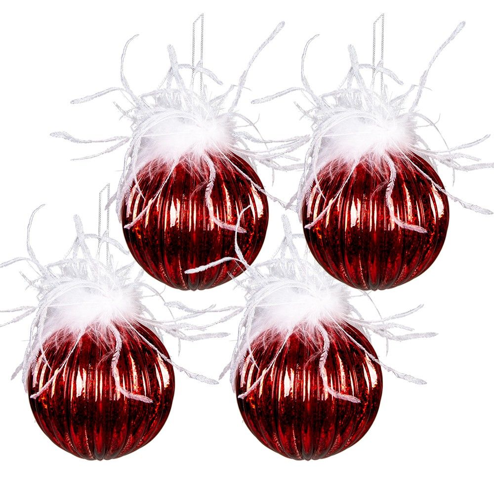 4ks červená vánoční ozdoba koule s peříčky - Ø 10 cm Clayre & Eef - LaHome - vintage dekorace