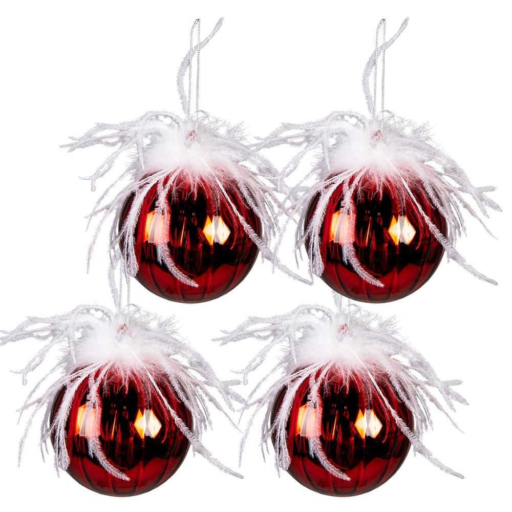 4ks červená vánoční ozdoba koule s peříčky - Ø 10 cm  Clayre & Eef - LaHome - vintage dekorace