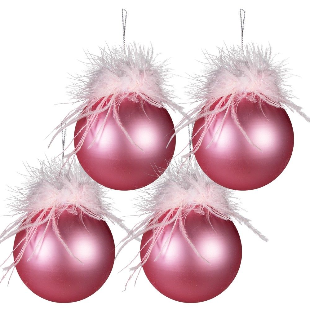4ks růžová vánoční ozdoba koule s peříčky - Ø 10 cm Clayre & Eef - LaHome - vintage dekorace