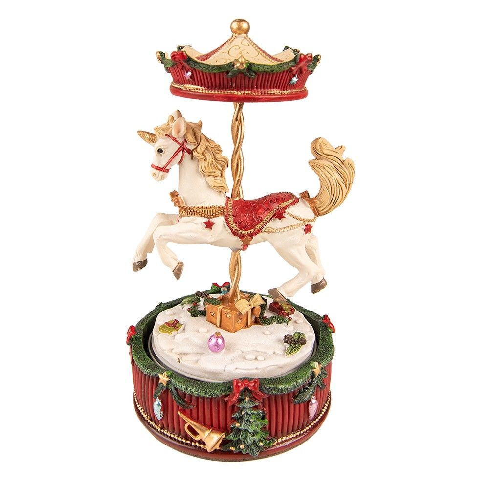 Červeno-bílý hrací vánoční kolotoč s koníkem - Ø 11*20 cm Clayre & Eef - LaHome - vintage dekorace