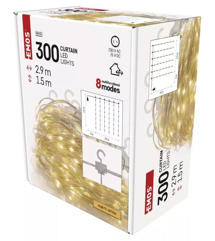D3EW03 EMOS NANO dekorační řetěz - záclona 300 LED  2,9x1,5m transparentní drát, teplá bílá, 8 módů, IP44 - Svítidla FEIM
