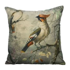 Šedý sametový polštář okouzlující chocholatý ptáček  - 45*45*17cm Mars & More LaHome - vintage dekorace