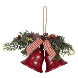 Vánoční dekorace červené zvonky s větvičkou a mašlí - 17*9*12 cm Clayre & Eef